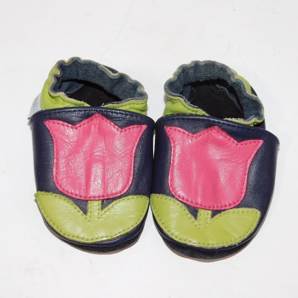 Robeez Baby Girls 0-6 Months Soft Sole Blue Pink Tulip Shoe Leather